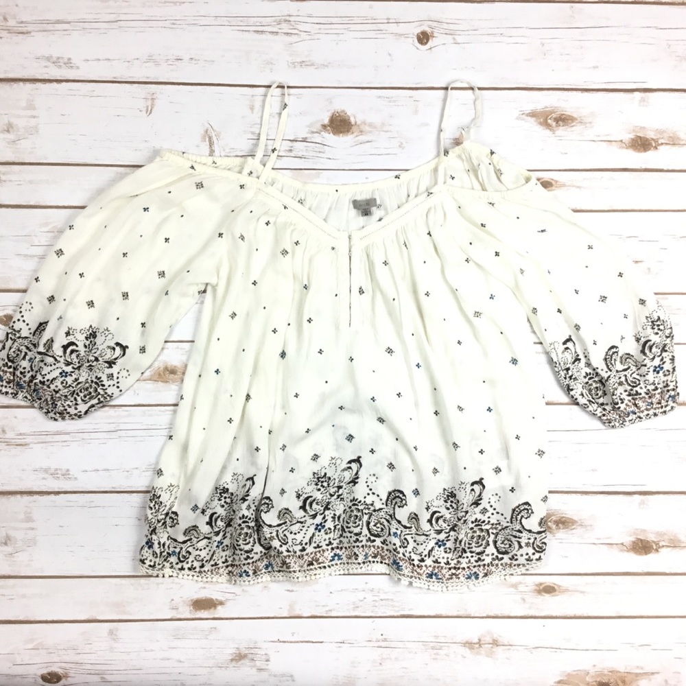 Ecote Pom Pom Trim Cold Shoulder Blouse in Cream - Picture 3 of 5
